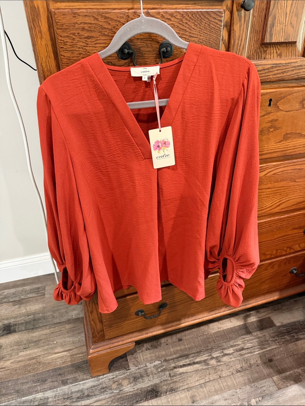 entro Rust Red V-Neck Balloon Sleeve Blouse